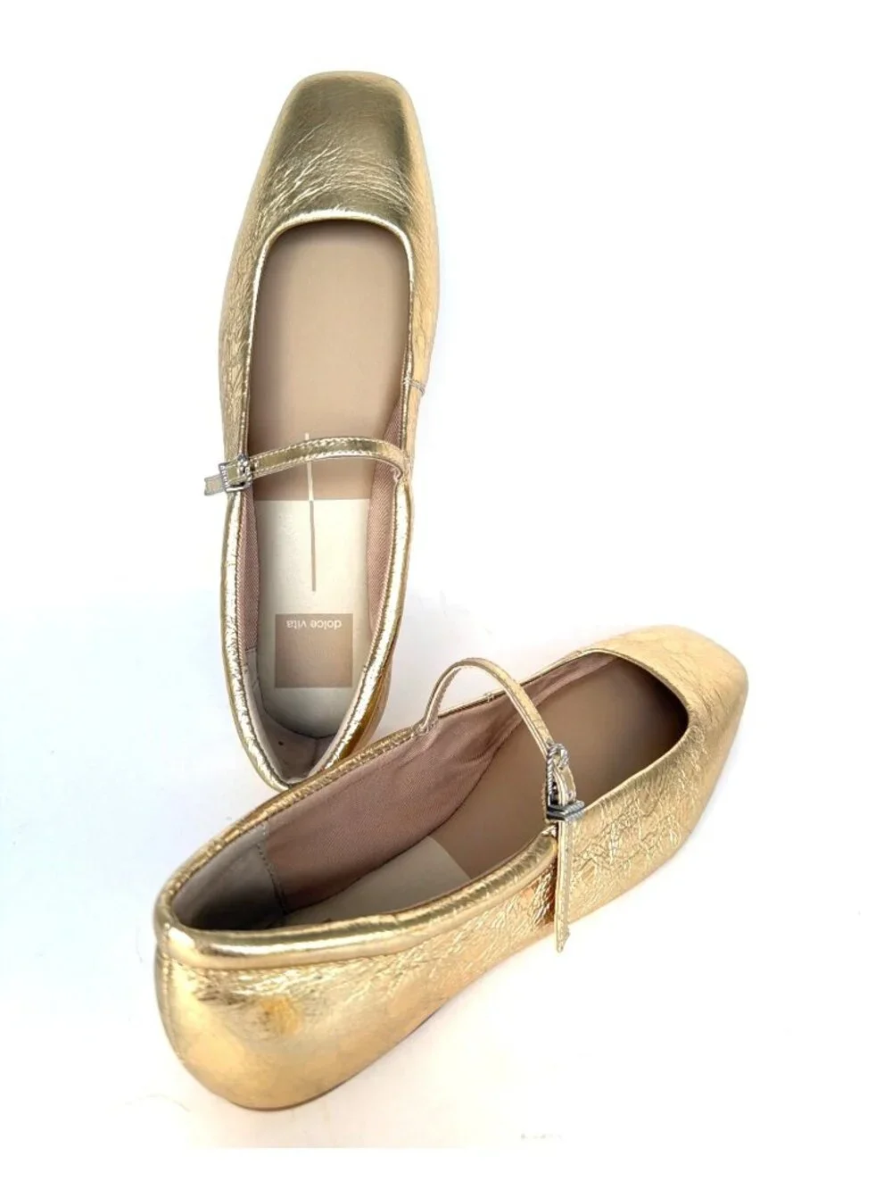Dolce Vita Reyes Gold Distressed Leather Mary Jane Square-Toe Flats Size 6.5